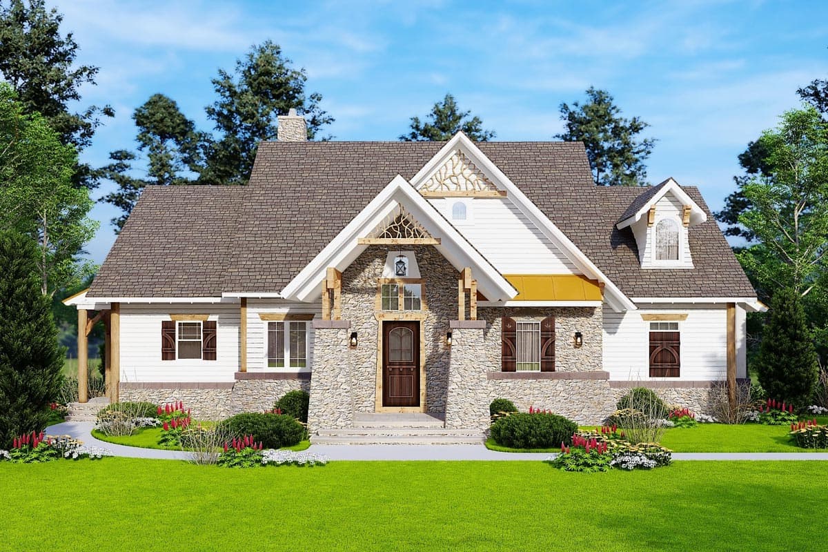 House plan exterior: one-story Modern Farmhouse with stone foundation, prominent gable entry, exposed beams, and dormer.