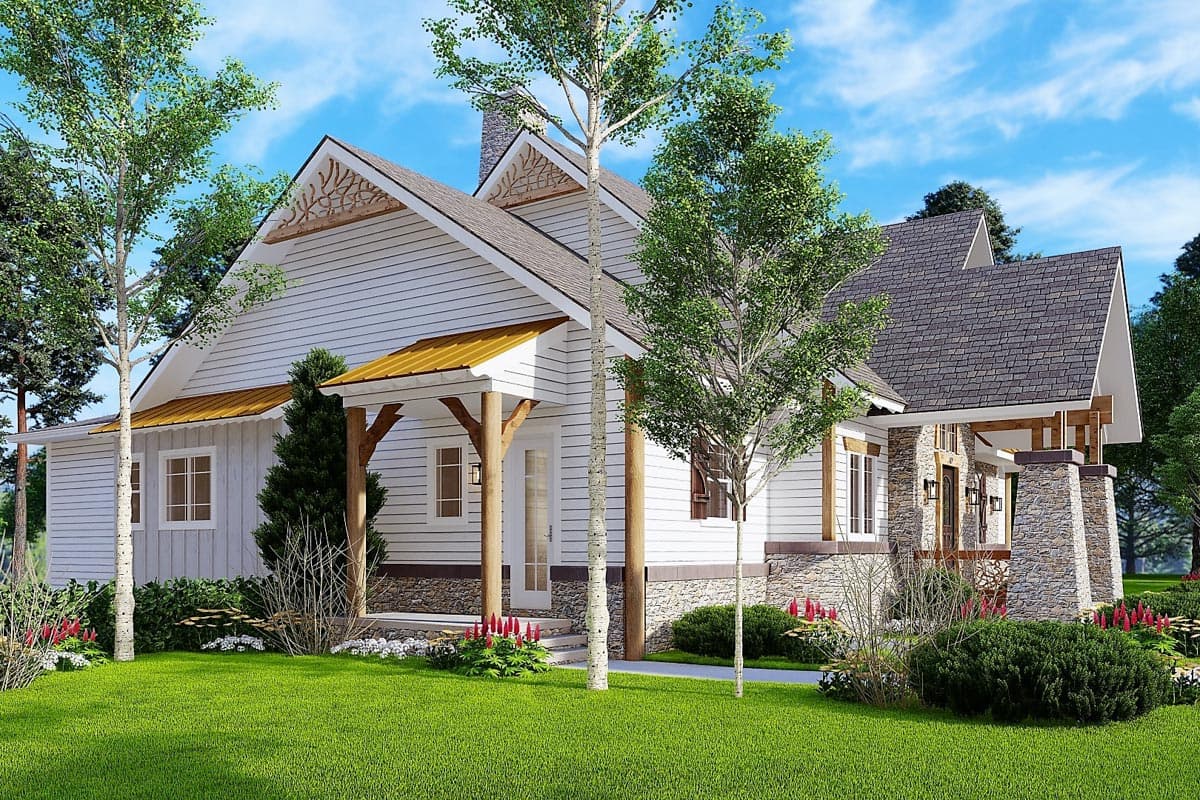 House plan exterior of a two-story Modern Farmhouse with stone-clad porch columns, gabled dormers, and a covered entry.