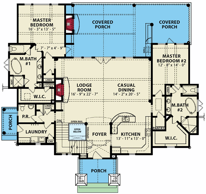 Plan 15801GE: Dual Master Suites Plus Loft - Floor Plan - Main Level - Cottage, Mountain, Rustic