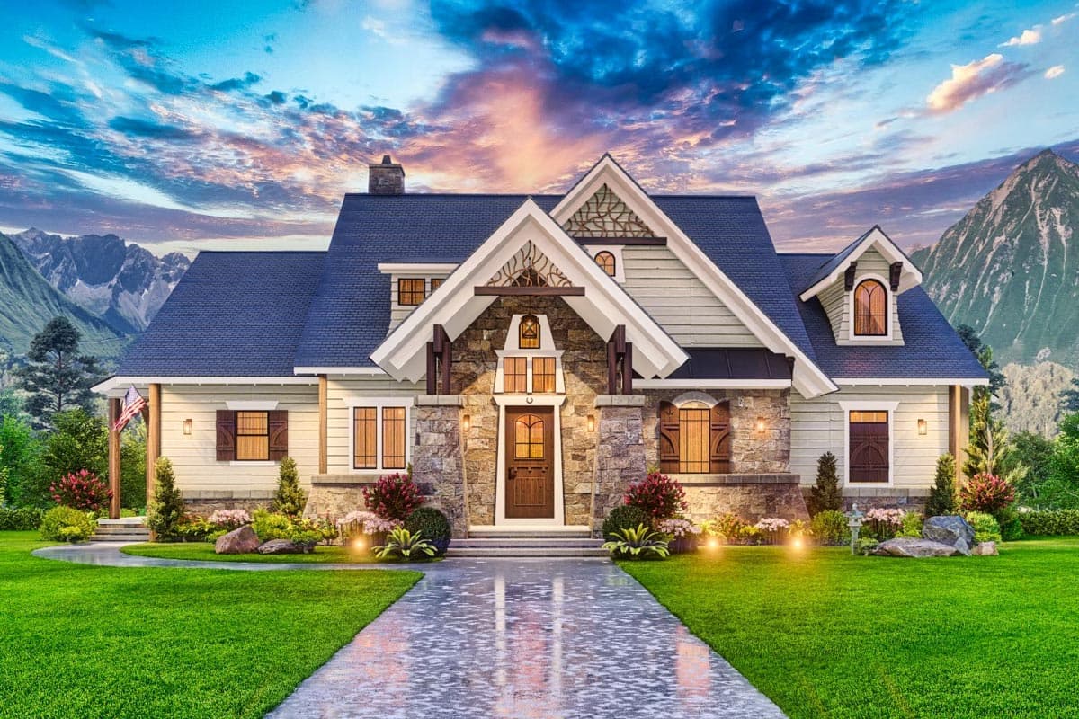 House plan exterior. Craftsman style, two stories. Features include a gabled roof, stone accents, and a covered porch. Dormers are visible.
