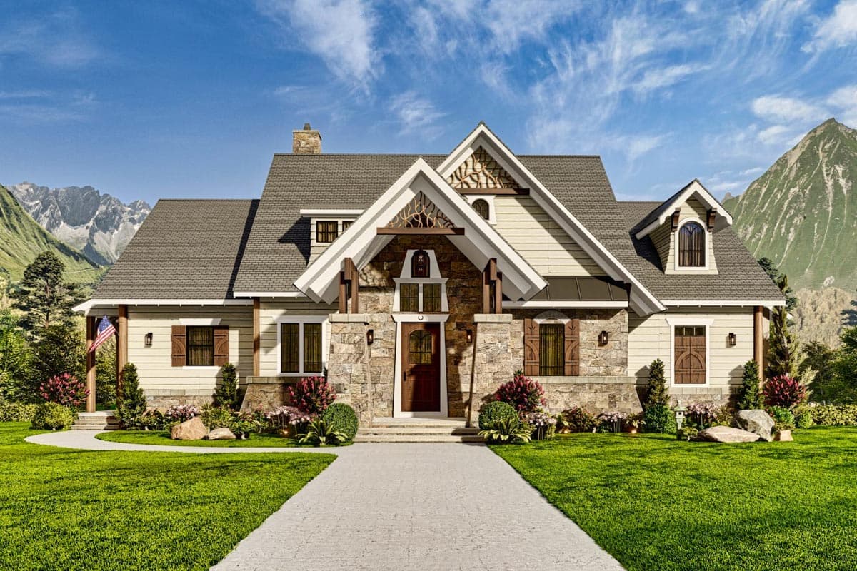House plan exterior, Craftsman style, 2 stories, stone base, prominent gables, dormers, and covered entry.