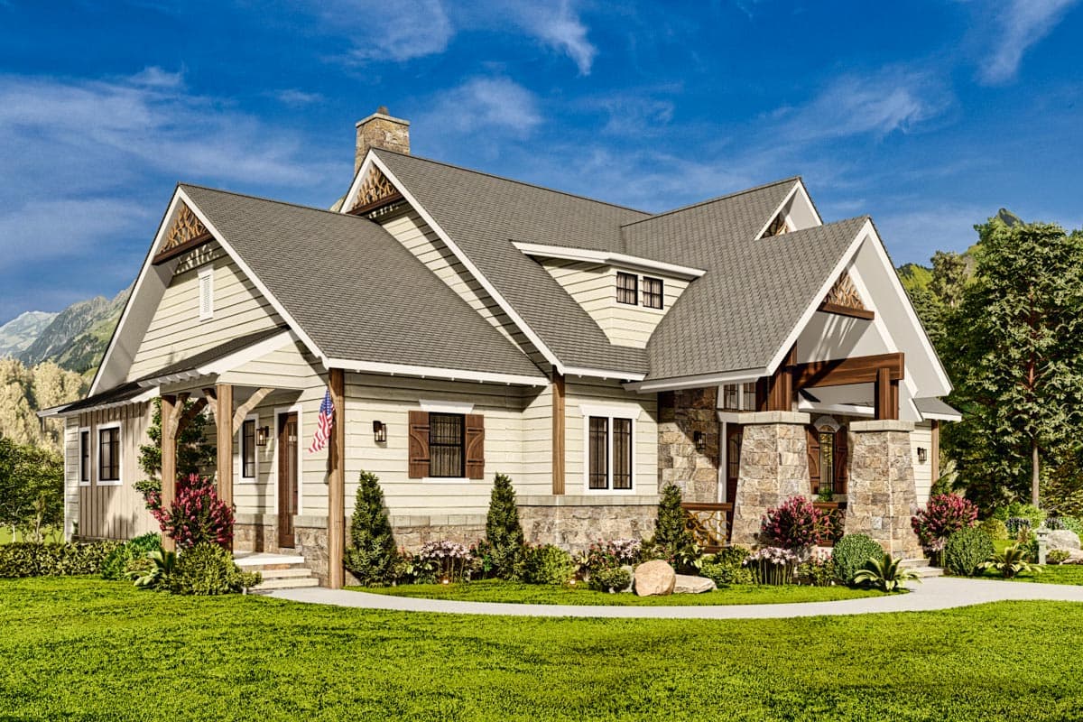 Craftsman house plan exterior with stone foundation, exposed rafter tails, prominent gables, and covered entry.