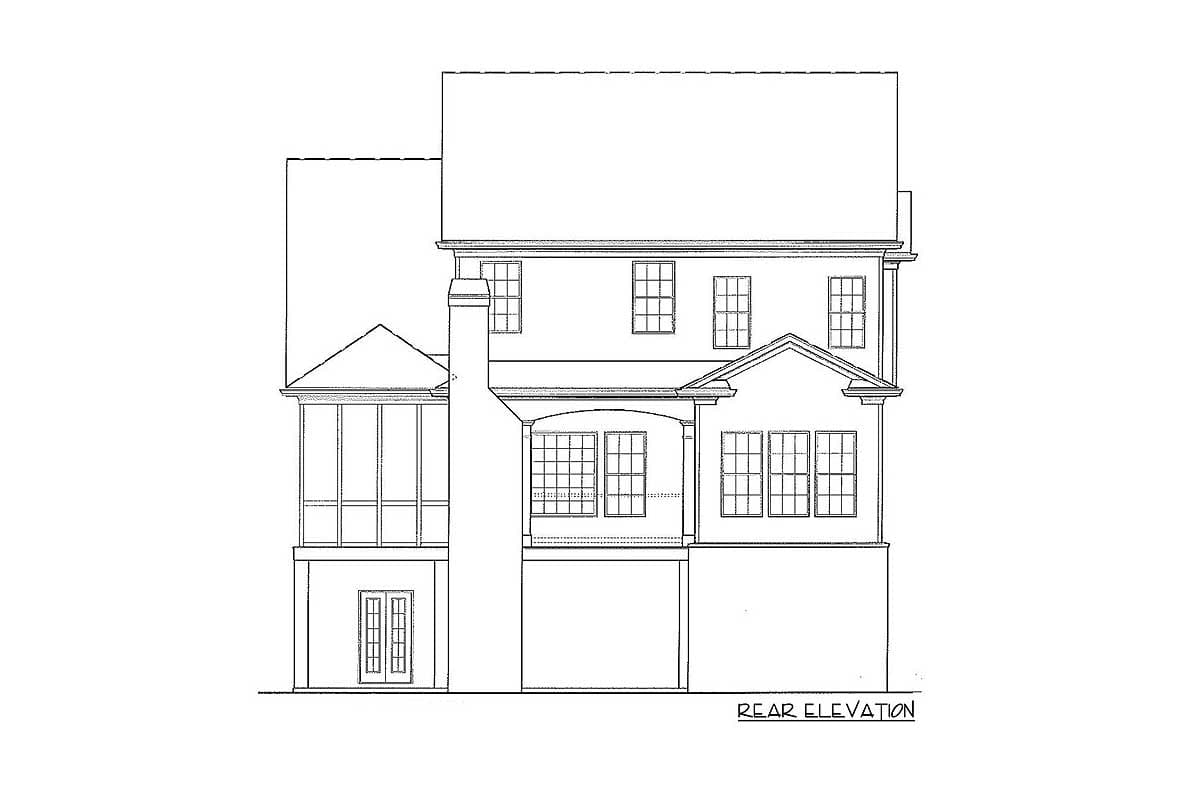 Rear elevation house plan showing multiple stories, a screened porch, large windows, and a prominent chimney.