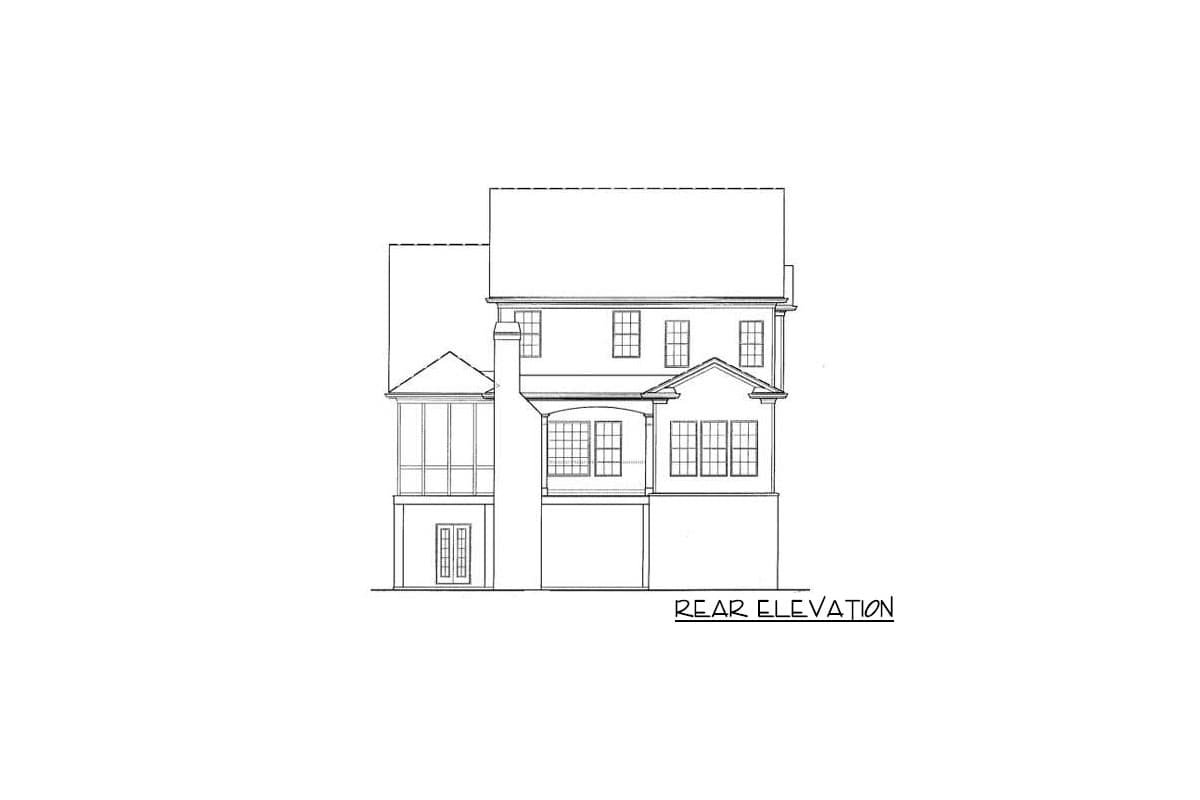 Rear elevation drawing of a two-story house with a screened porch, bay windows, and a prominent chimney.