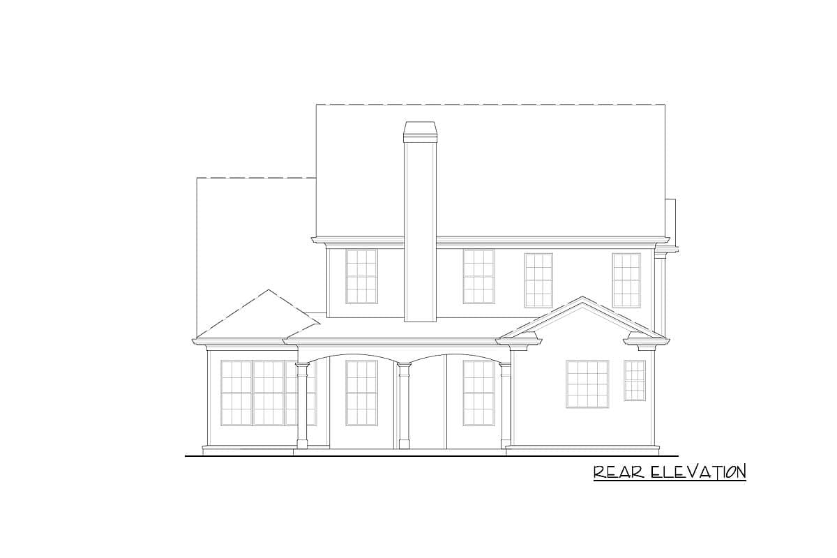 Rear elevation drawing of a two-story house with a covered porch, central chimney, and multiple gables.