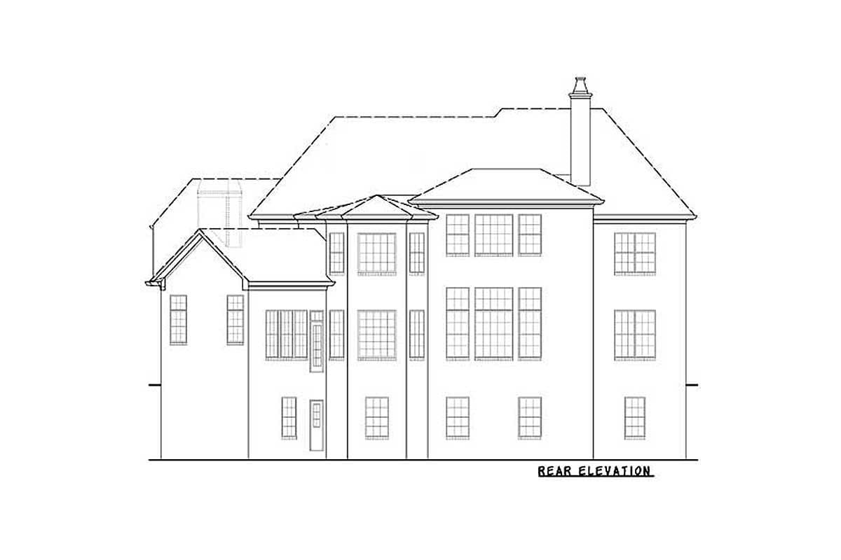 Rear elevation drawing of a large house with multiple gables, a prominent chimney, and numerous multi-paned windows.