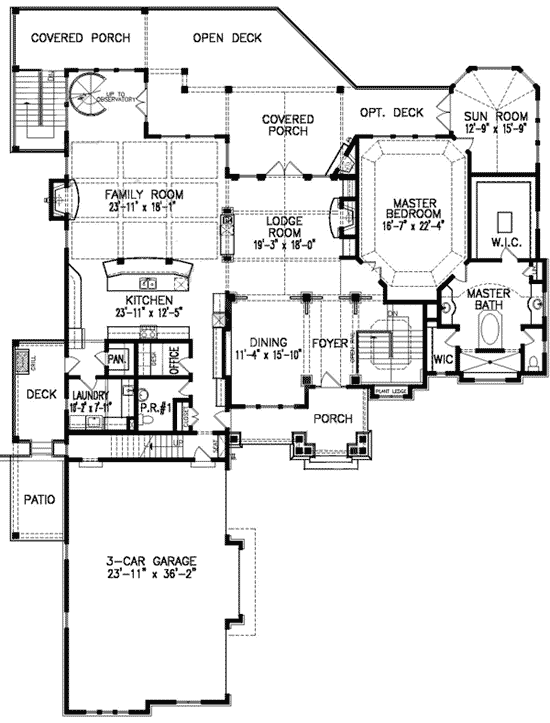 Plan 15810GE: Mountain Lodge with Observatory - Floor Plan - Main Level - Craftsman, Mountain, Northwest, Rustic
