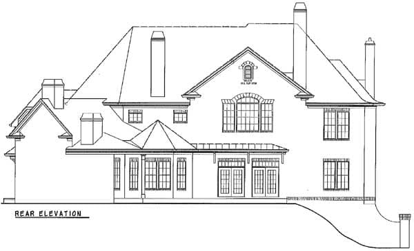 Rear elevation house plan with multiple gables, chimneys, and a covered porch with French doors.