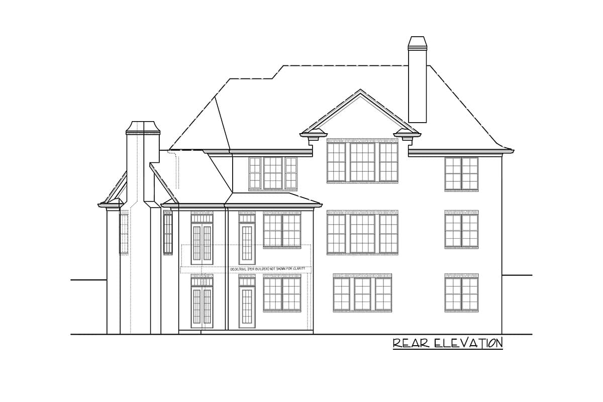 Rear elevation drawing of a multi-story house plan with multiple gables, a prominent chimney, and numerous windows.