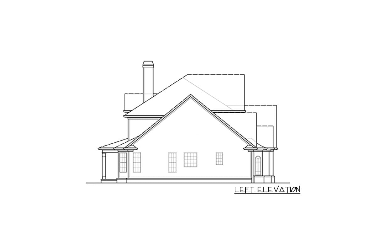 Left elevation house plan drawing showing a large gable, chimney, and covered entryways with arched windows.