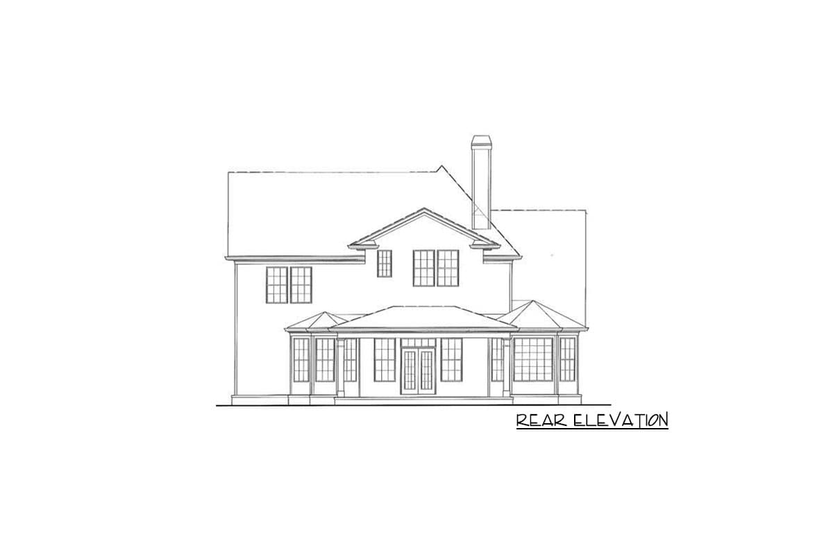 Rear elevation drawing of a two-story house with a covered porch, multiple windows, and a chimney.