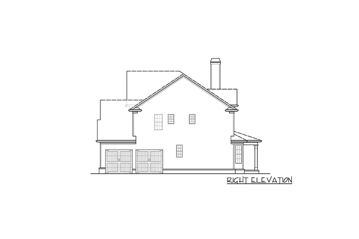 Right elevation of a house plan showing a two-car garage, chimney, and covered entryway.