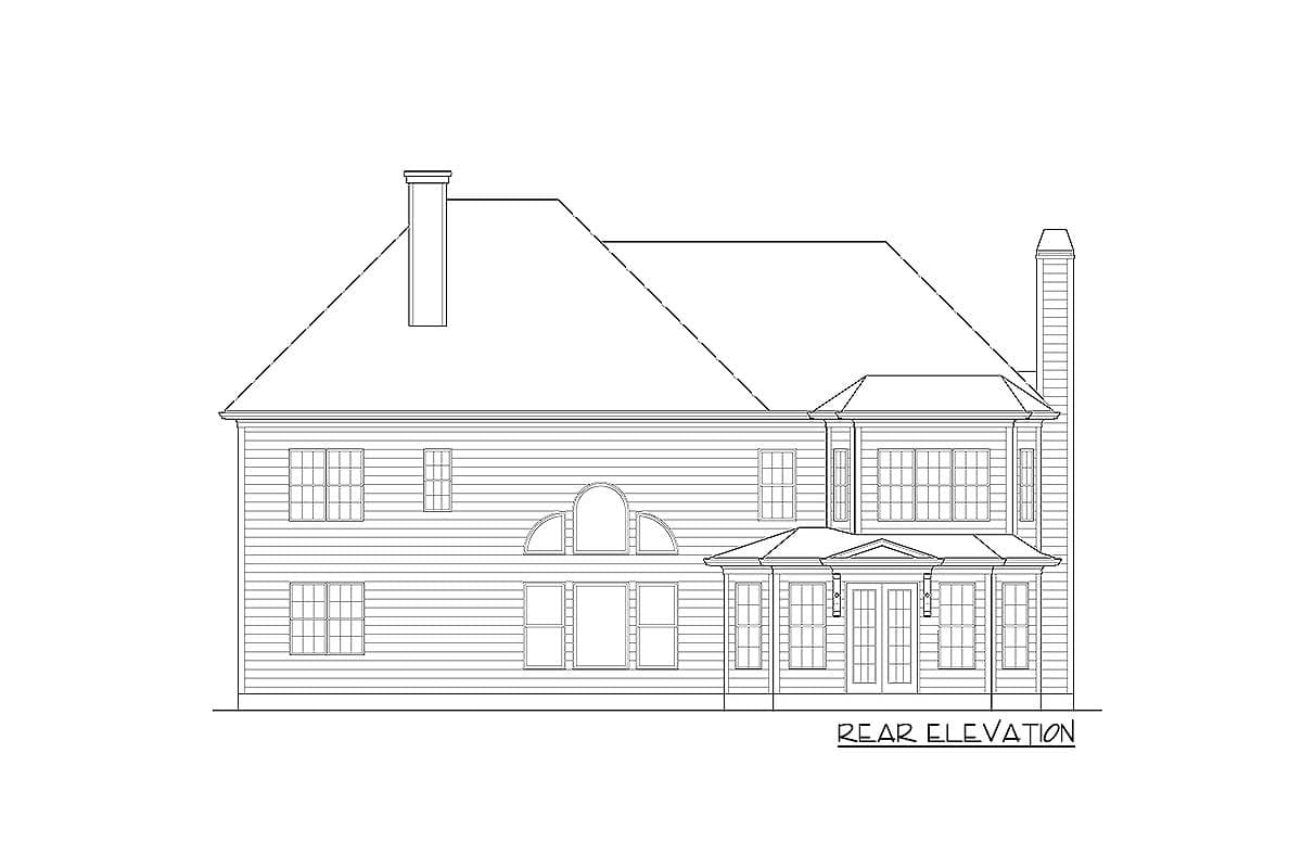 Rear elevation drawing of a two-story house with multiple windows, a central dormer, and dual chimneys.