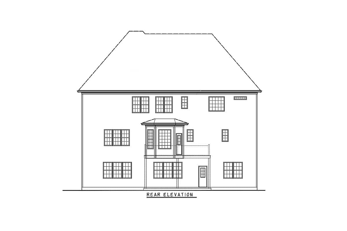 Rear elevation house plan drawing showing a multi-story facade with a central bay window and a second-story balcony.