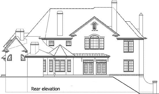 Rear elevation drawing of a multi-story house with gables, chimneys, and multiple window types including arched and double doors.