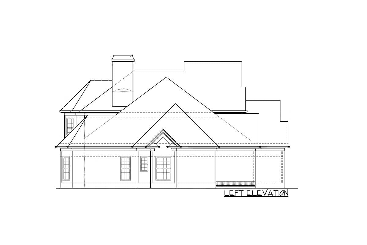 Left elevation house plan with gabled roof, prominent chimney, and multi-pane windows.