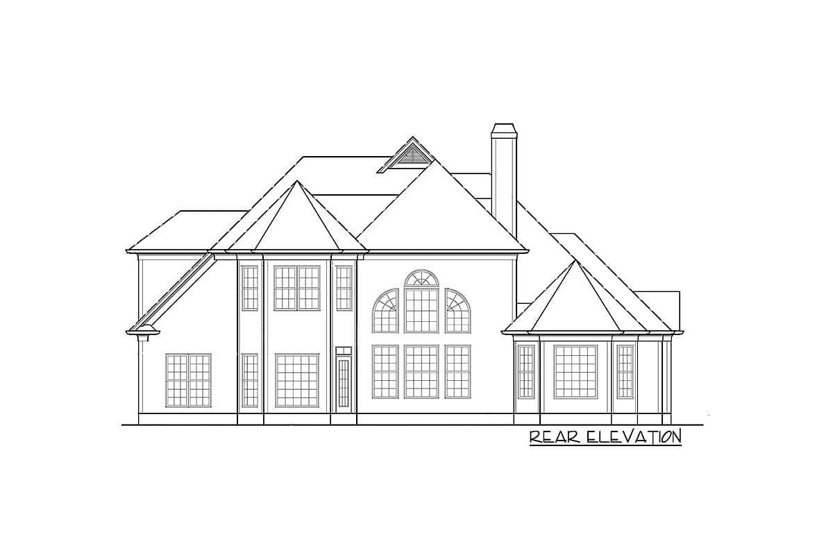 Rear elevation drawing of a multi-story house plan featuring numerous grid windows, a prominent chimney, and complex rooflines with dormers.
