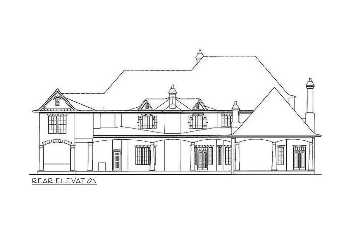 Rear elevation drawing of a large house plan showing multiple gables, dormers, chimneys, and a covered porch with columns.