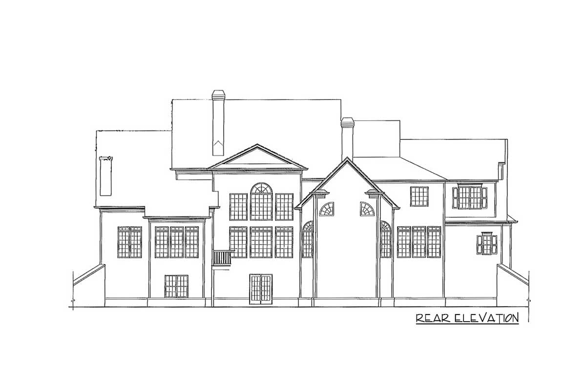 Rear elevation drawing of a multi-story house with numerous windows, gables, and chimneys.