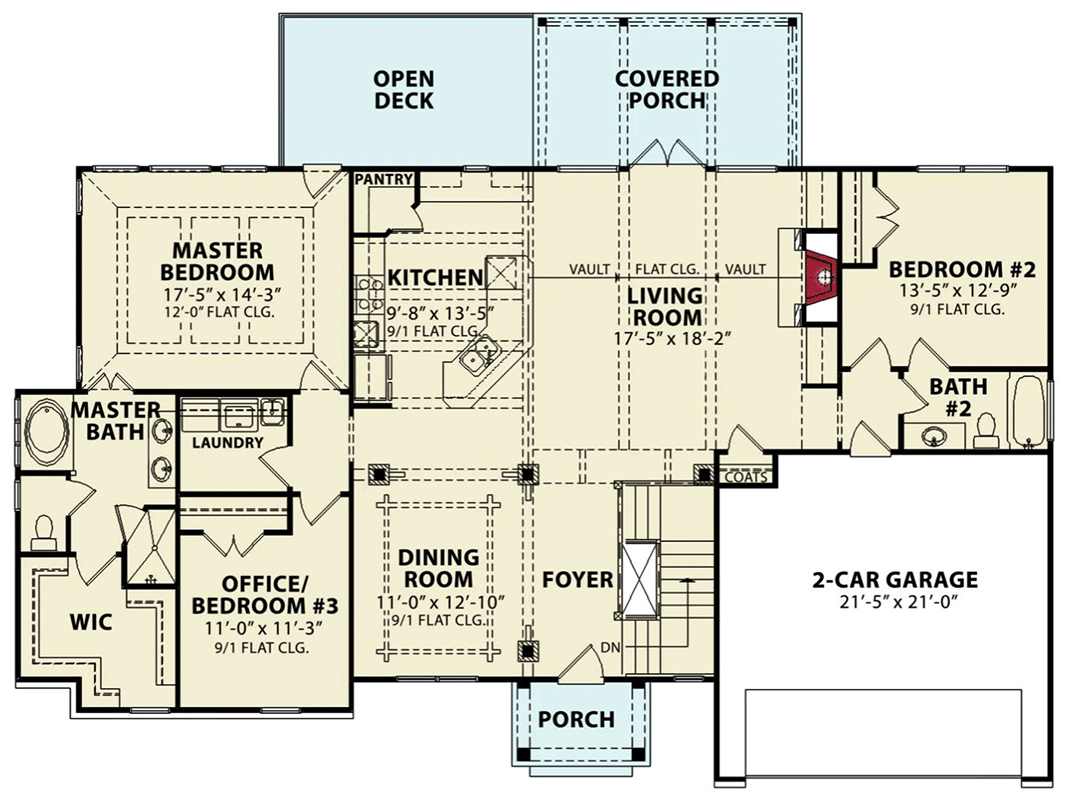 Plan 15853GE: One-Story House Plan with Flex Room and Vaulted Living Room - 1927 Sq Ft - Floor Plan - Main Level - Ranch, Traditional