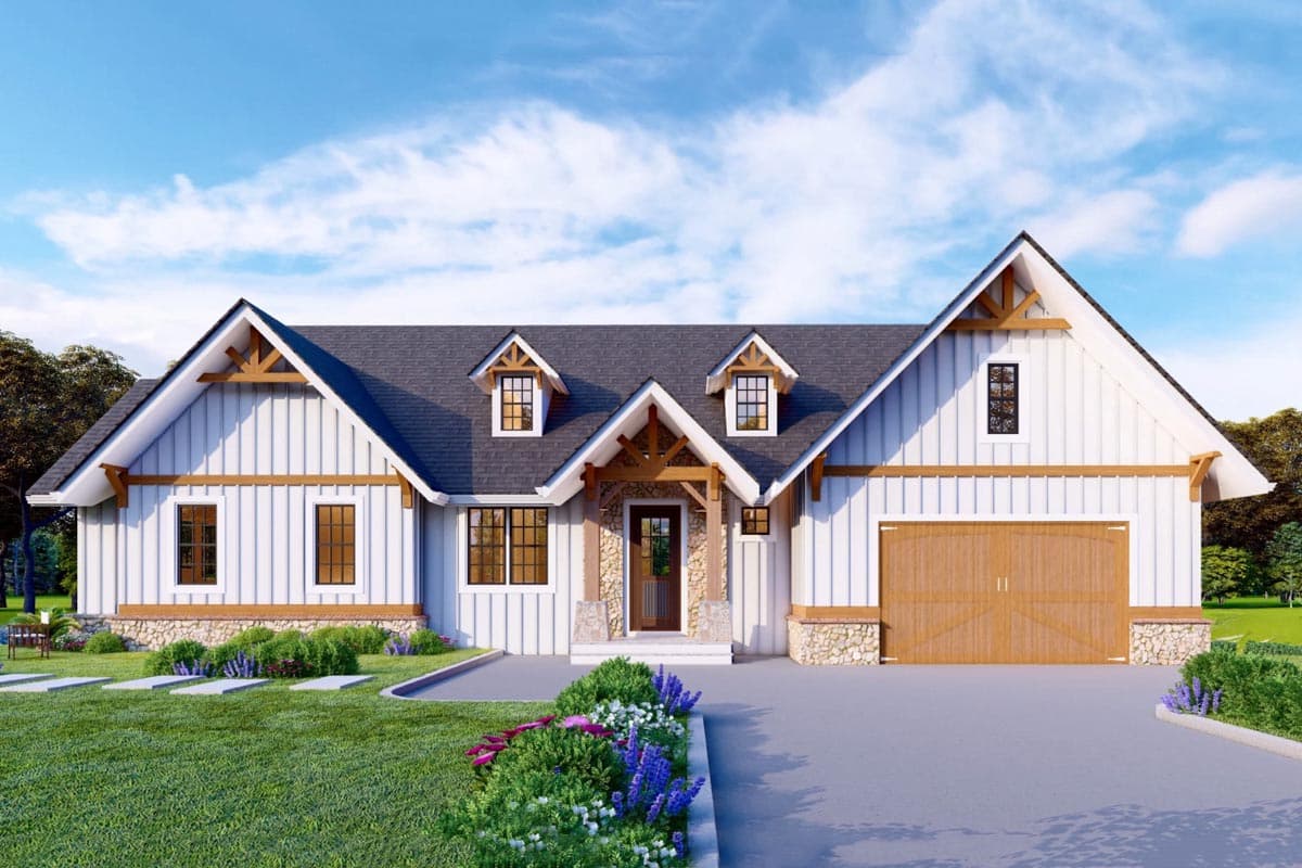 Modern Farmhouse house plan exterior with board and batten siding, exposed rafters, stone accents, and gabled dormers.