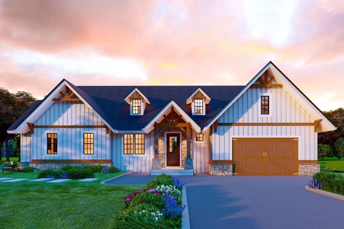 Modern Farmhouse house plan exterior with gabled dormers, stone accents, exposed beams, and attached garage.