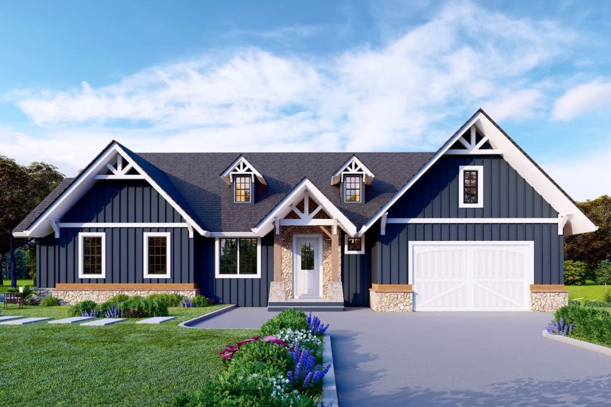 House plan exterior featuring a two-story Craftsman style home with gables, dormers, a front porch, and a two-car garage.