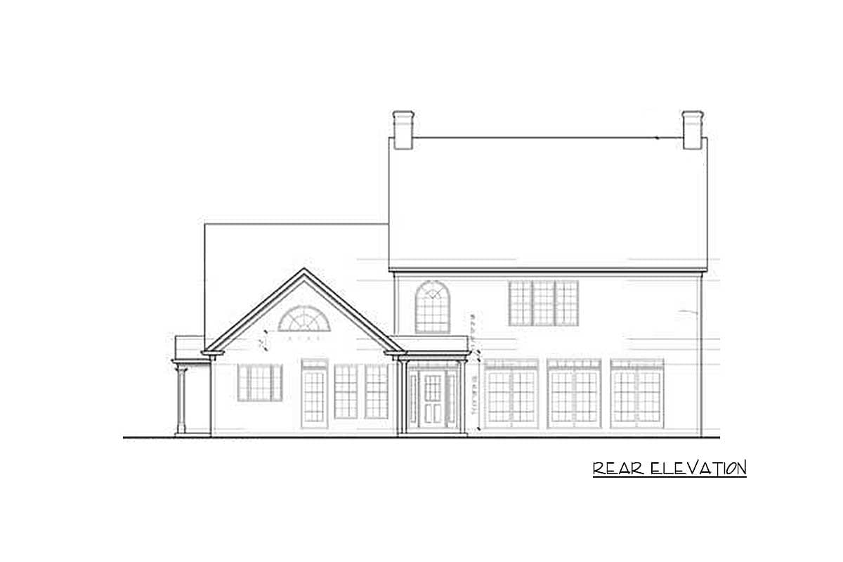 Rear elevation drawing of a two-story house plan with gables, dormers, and multiple large windows.