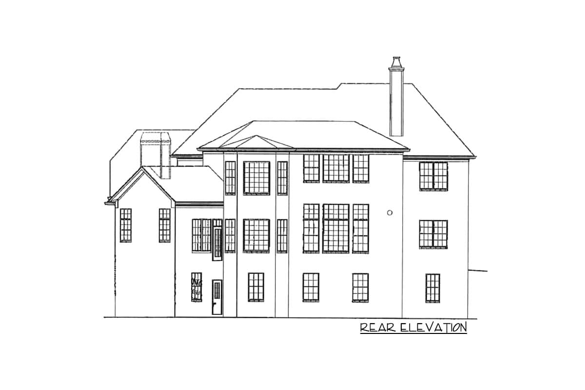 Rear elevation drawing of a multi-story house with multiple gables, a chimney, and numerous windows.