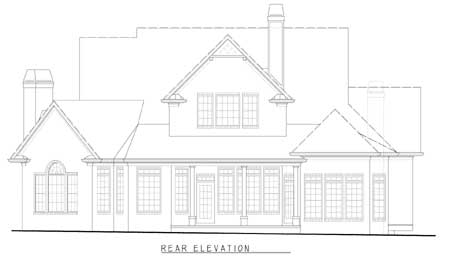 Rear elevation drawing of a house plan featuring multiple gables, a covered porch, and numerous windows.