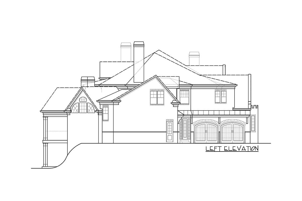 Left elevation drawing of a multi-story house with gables, dormers, chimneys, and a triple garage with arched doors.