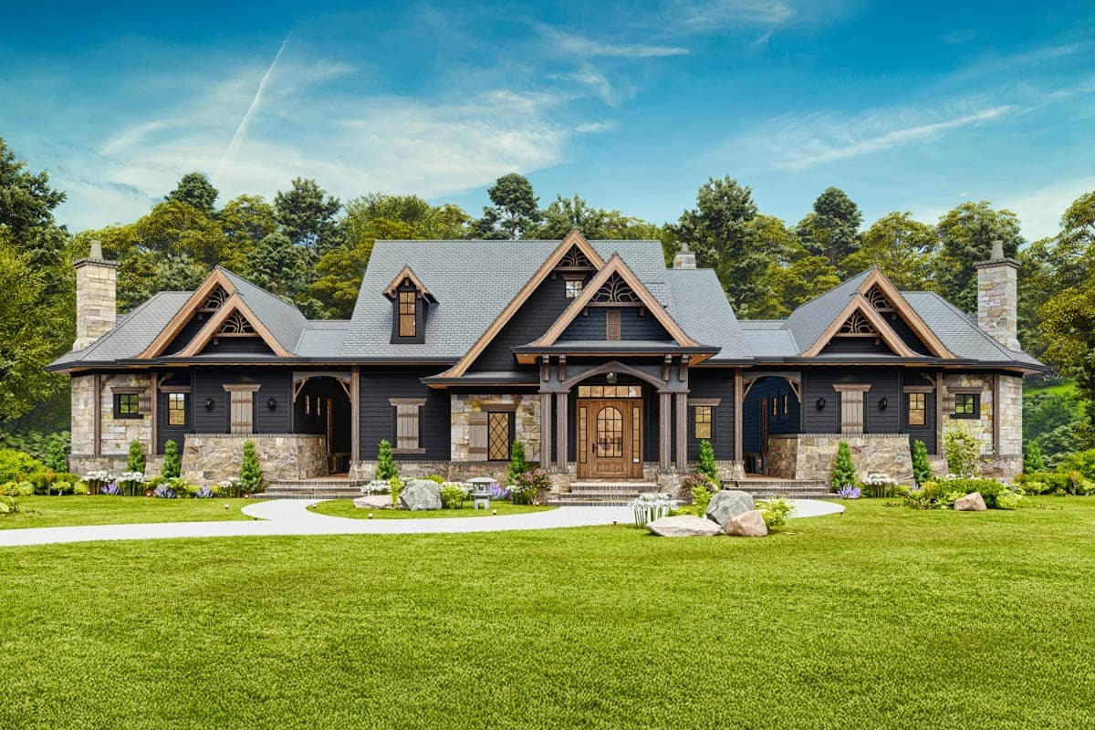 House plan exterior, single-story design with a prominent gabled entrance, stone accents, and deep eaves.