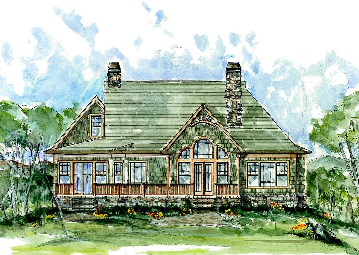 House plan exterior shows a two-story home with stone foundation, shingled gables, covered porch, and arched dormer windows.
