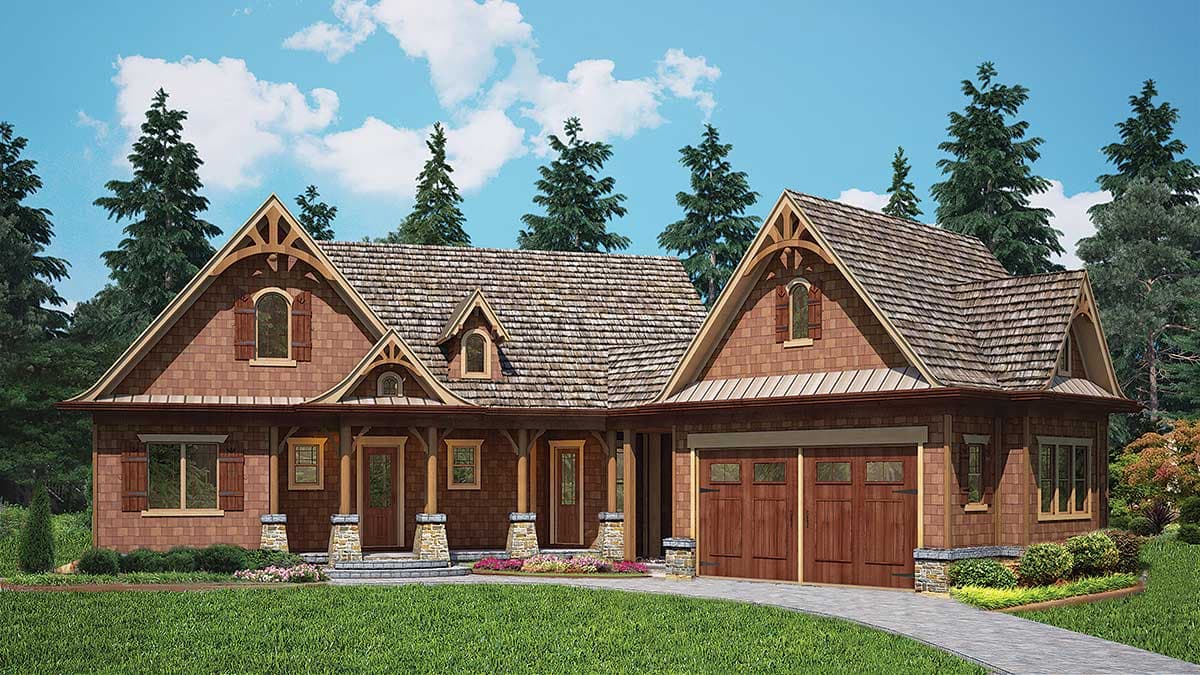House plan exterior: Craftsman style, two stories, features a covered front porch with stone columns, decorative gables, and a side-entry garage.