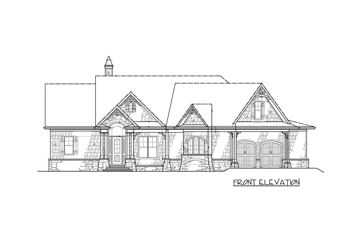 Front elevation drawing of a house plan with stone facade, arched entry, and double garage.