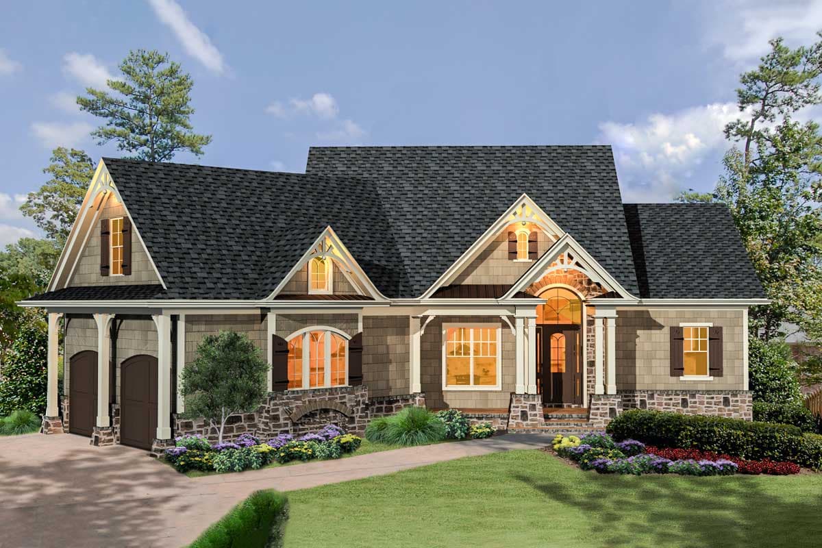 Craftsman-style house plan exterior with two-car garage, arched entry, dormers, and stone accents.