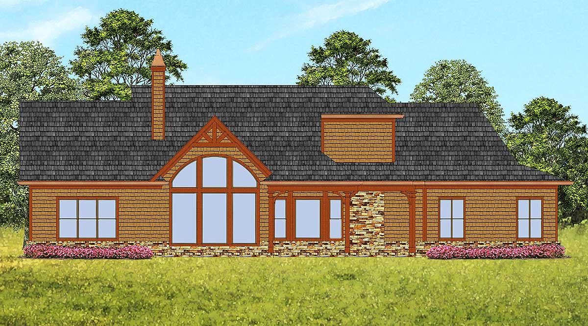 House plan exterior shows a one-story home with a dark shingle roof, arched window, and stone accents.