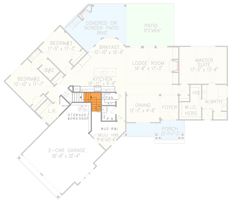 Plan 15885GE: Affordable Gable Roofed Ranch Home Plan - 2090 Sq Ft - Floor Plan - Main Floor - Basement Stairs Location - Country, Craftsman, Mountain, Ranch, Rustic