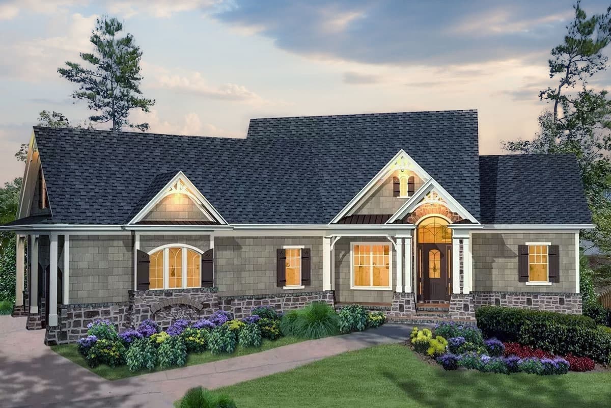 House plan exterior: Ranch style with stone base, gabled dormers, covered entry, and multiple windows.