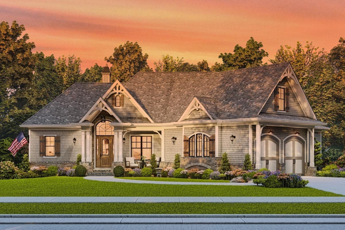 House plan exterior of a one-story home with a prominent gabled entrance, decorative dormer, and double garage doors.