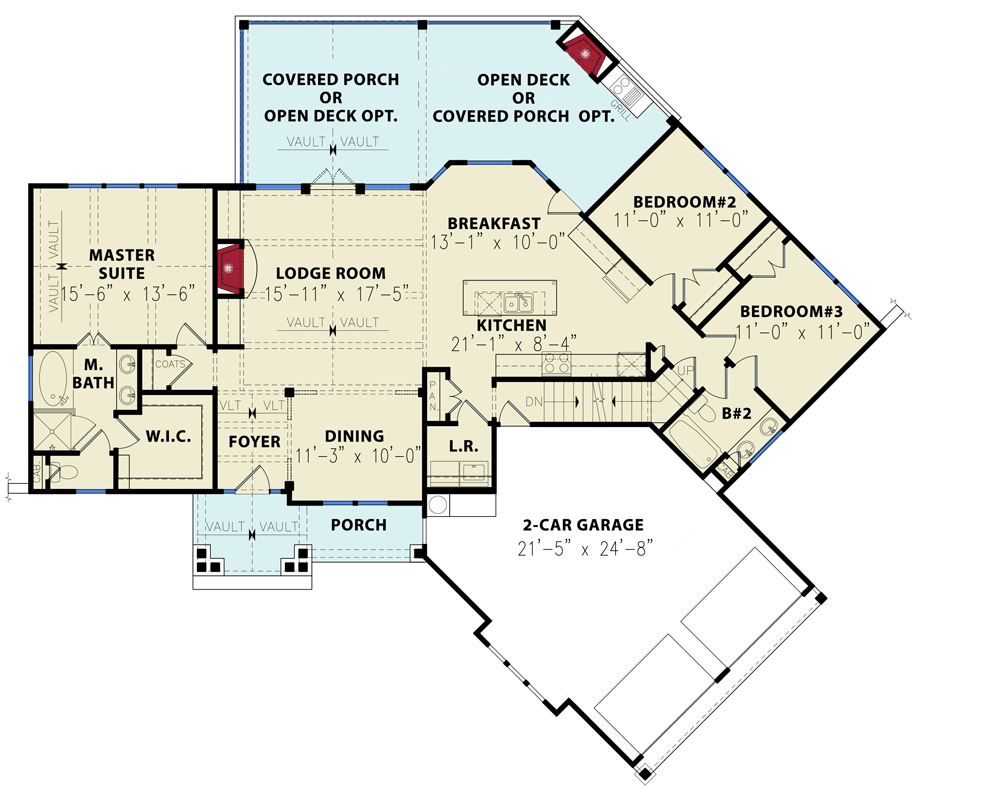 Plan 15886GE: Classic Hip Roofed Craftsman House Plan with Angled 2-Car Garage - 1729 Sq Ft - Floor Plan - Main Level - Craftsman, Mountain, Northwest, Ranch, Rustic