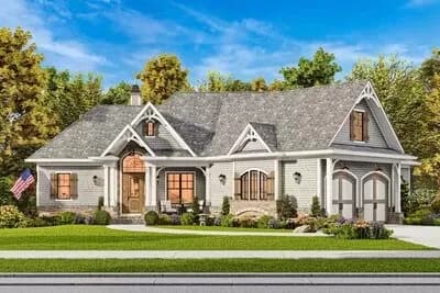 Classic Hip Roofed Craftsman House Plan with Angled 2-Car Garage - 1729 Sq Ft