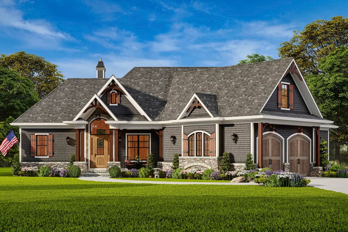 House plan exterior: Craftsman style, one story, arched entry, gables, dormers, and double garage doors.