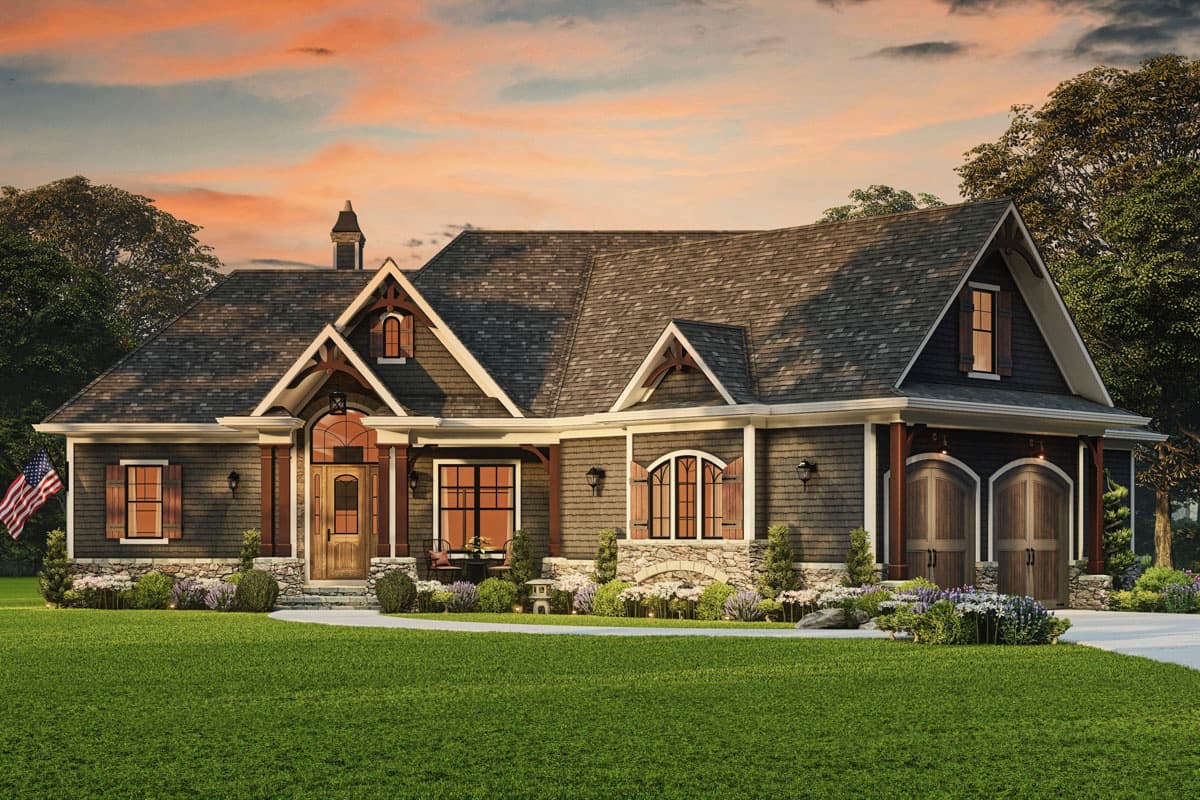 House plan exterior: Craftsman style, one story, with arched entry, gables, dormers, stone accents, and double garage doors.
