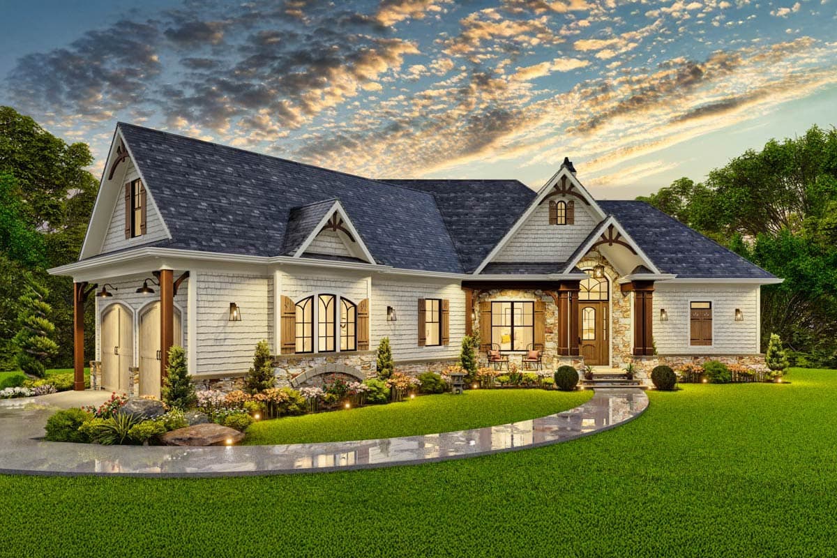 House plan exterior: Ranch style, white siding, stone accents, gabled dormers, covered porch, and side-entry garage with arched doors.