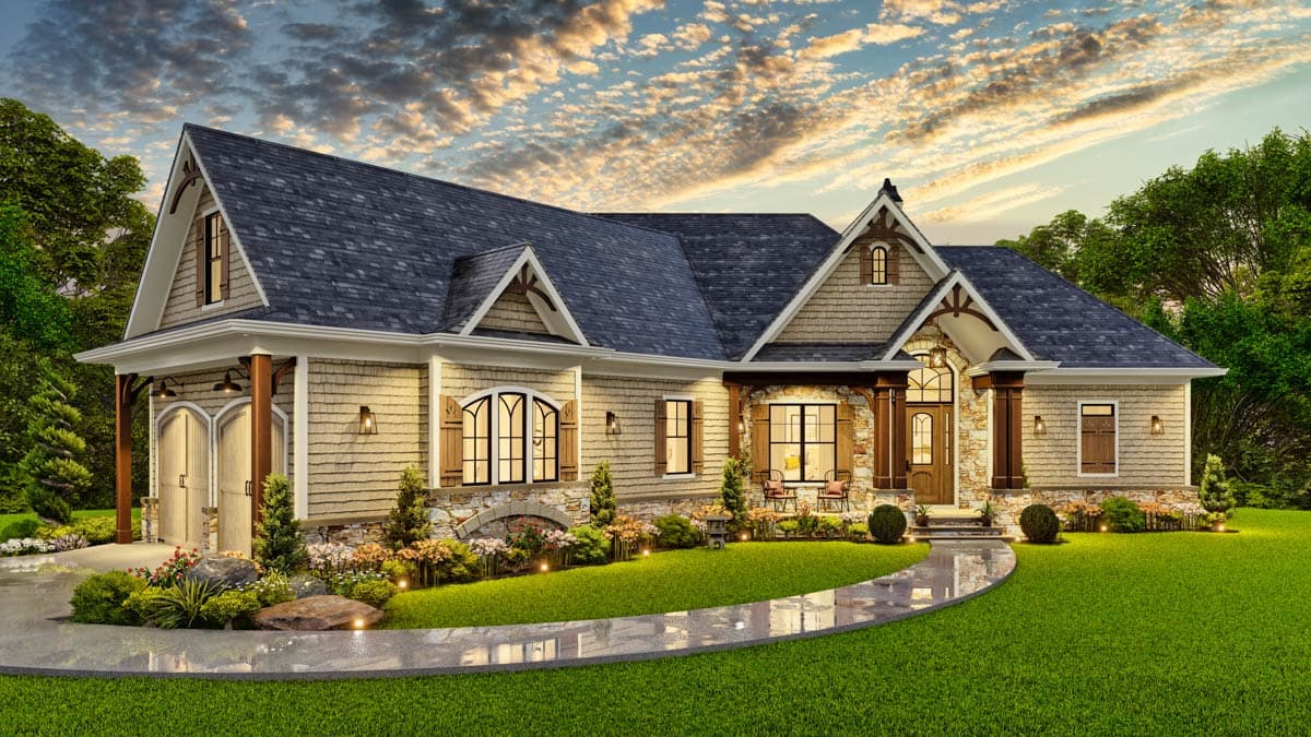 House plan exterior: Two-story, wood shake siding, stone accents, prominent gables, arched windows, and a covered entry with double garage.