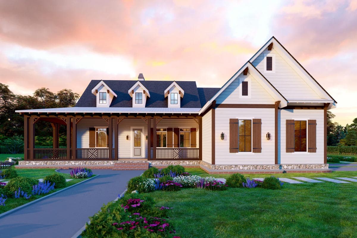 House plan exterior. Farmhouse style, one story. Features include a covered porch with exposed beams, gables, and dormers.