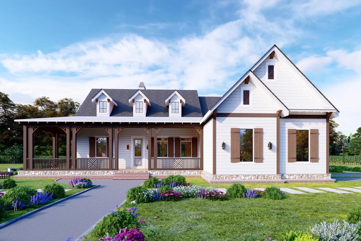 House plan exterior: Modern Farmhouse style, one story, with a wrap-around porch, multiple gables, and dormer windows.