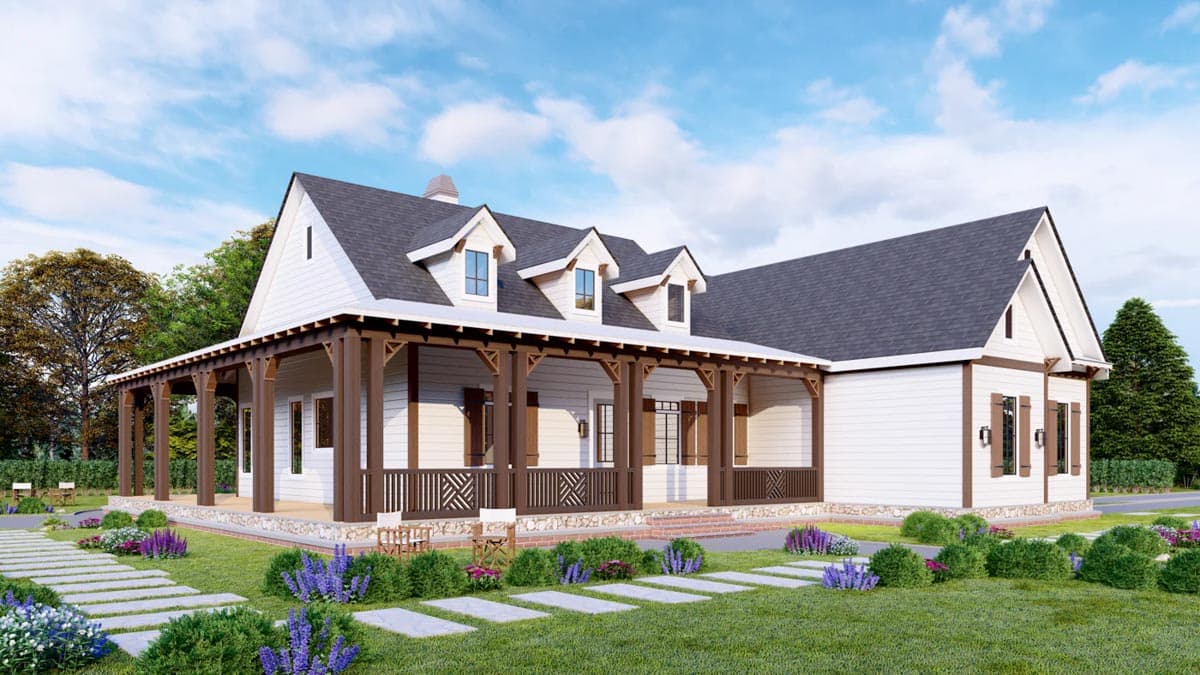 House plan exterior: Ranch style with wrap-around porch, multiple gables with dormers, and stone foundation.