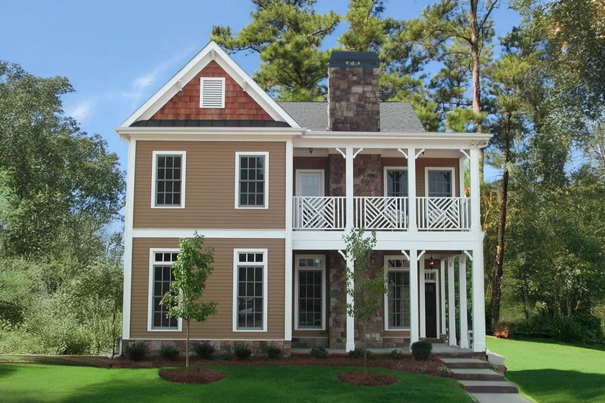 Two-story house plan exterior with stacked stone chimney, wraparound porch, gabled dormer, and wood siding.